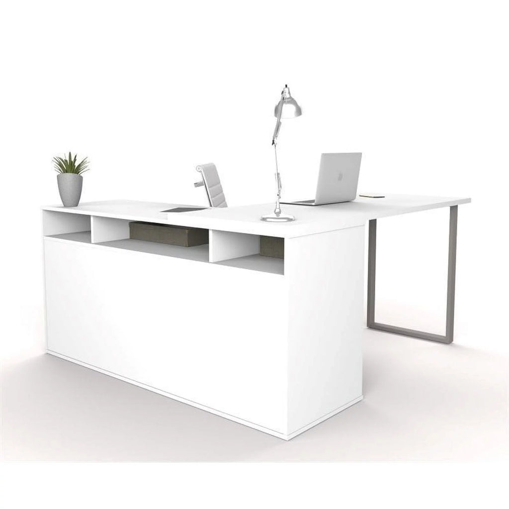White Wood L-Shaped Computer Desk with Storage E4896
