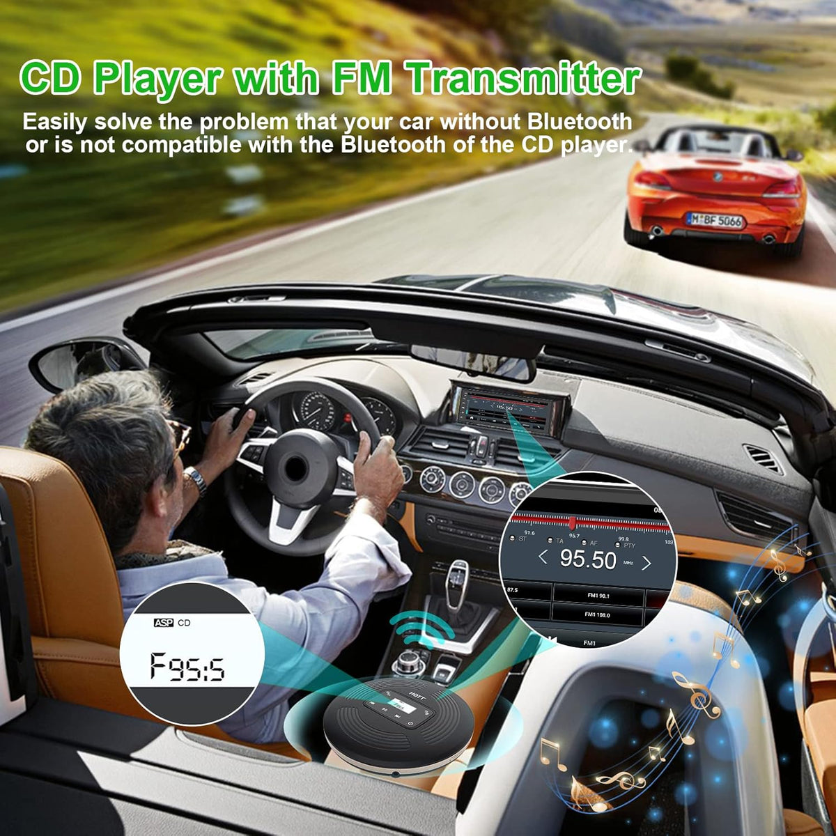 Portable CD Player with Bluetooth FM Transmitter AUX Output Rechargeable 1800mah Touch Button Anti-Skip Shockproof Protection V8889