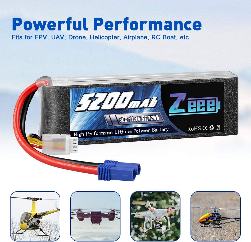 3S LiPo Battery 11.1V 60C 5200mAh EC5 Connector 2 Pack R34250
