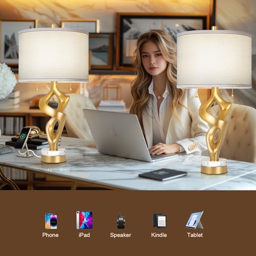 Set of 2 Table Lamp with Marble Base & USB Ports O451090