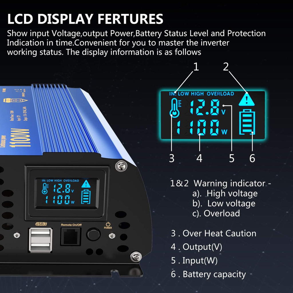 1100 watt DC 12V to AC 120V Modified Sine Wave Inverter with LCD Display Remote Control 2AC Outlets Dual 2.4A USB Ports X606986