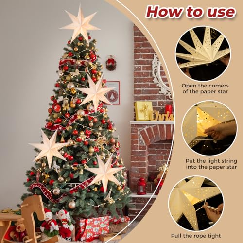 24 Inch Paper Star Lantern with 60 LEDs Firework Fairy Lights, 7 Point Foldable, Hollow Out Star Hanging Decoration - 1 Pack T79794