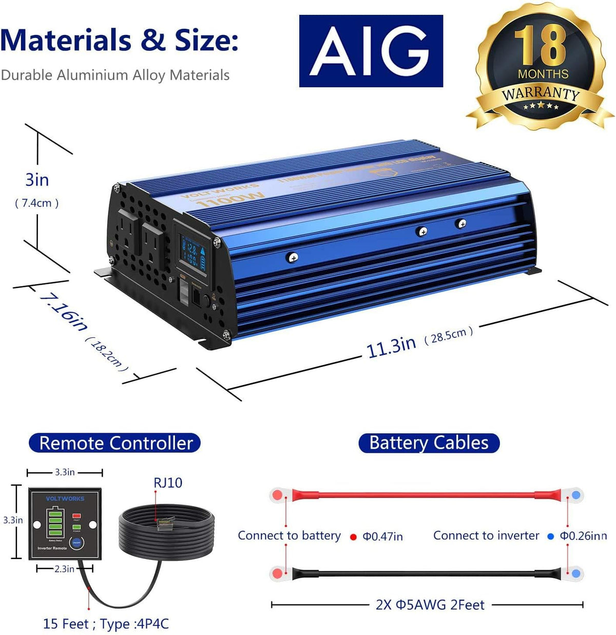 1100 watt DC 12V to AC 120V Modified Sine Wave Inverter with LCD Display Remote Control 2AC Outlets Dual 2.4A USB Ports X606986