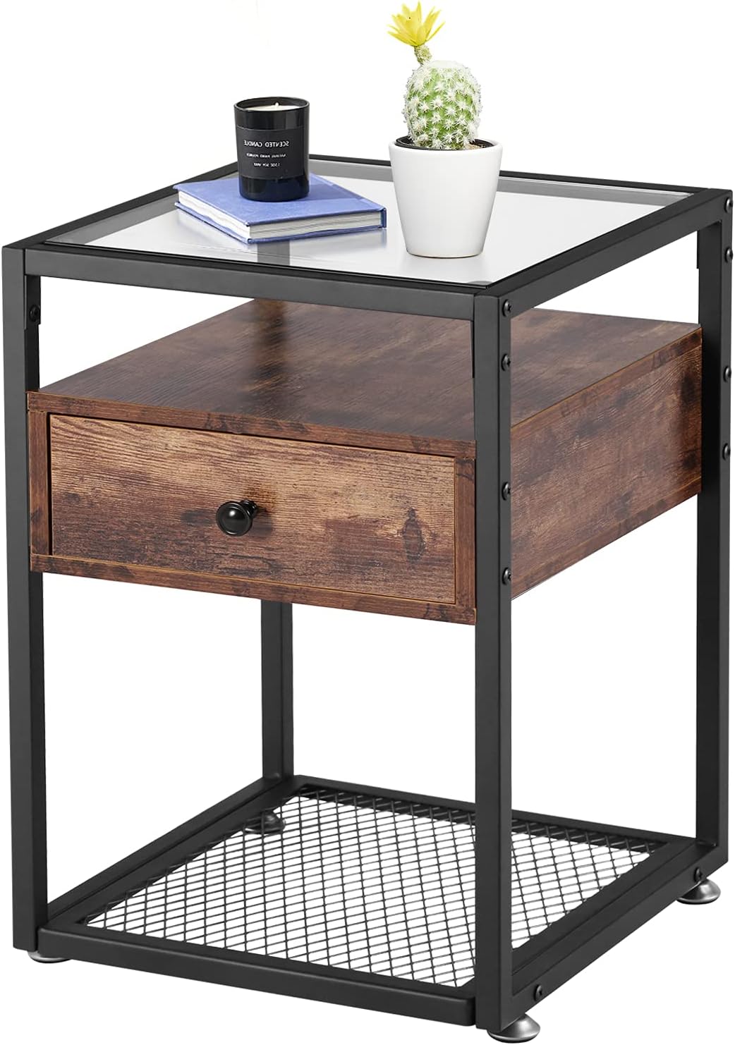 Brown+Black Tempered Glass Nightstand with Drawer and Shelf P432