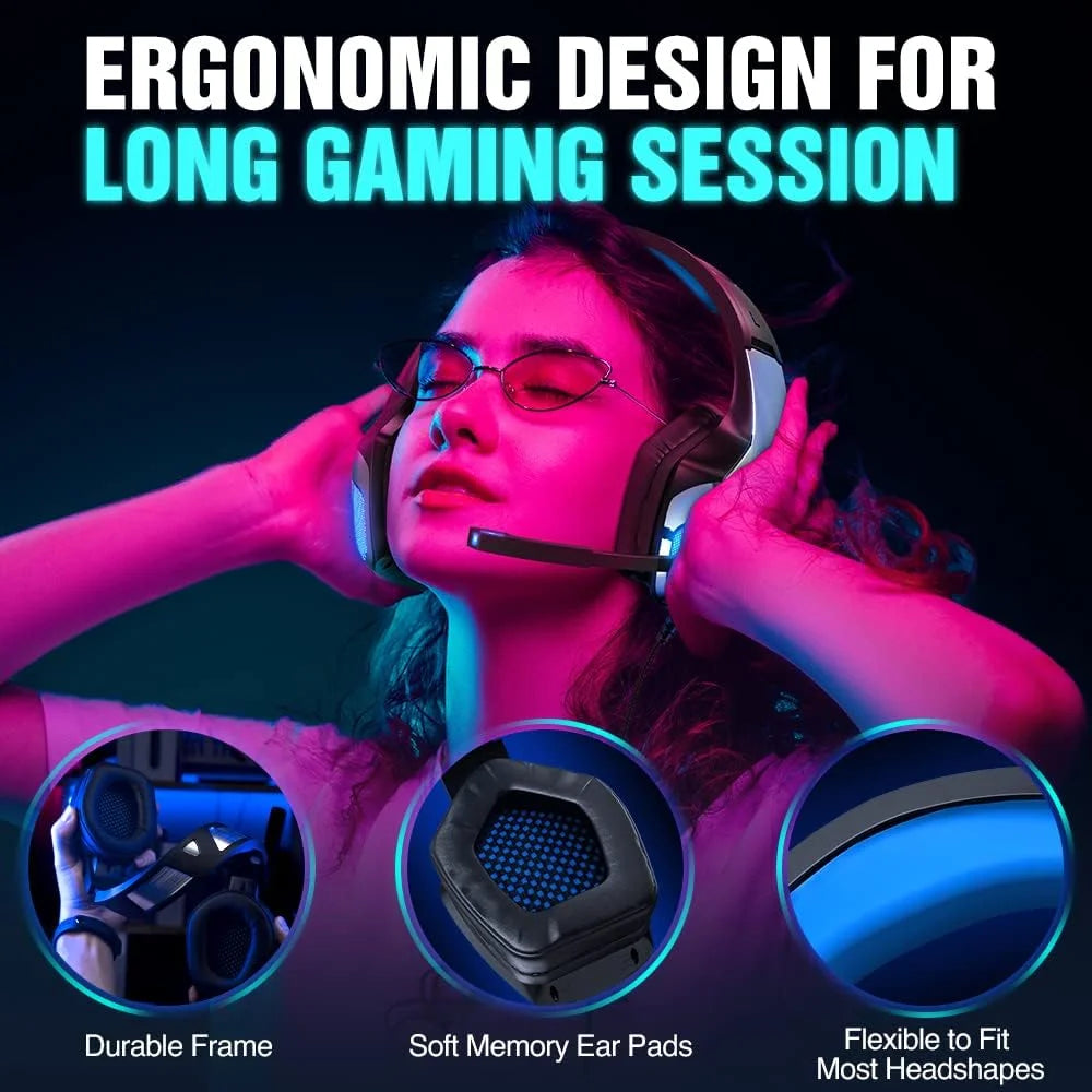Gaming Headset with Noise Cancelling Mic, LED Light, Over Ear Headphone Q4223