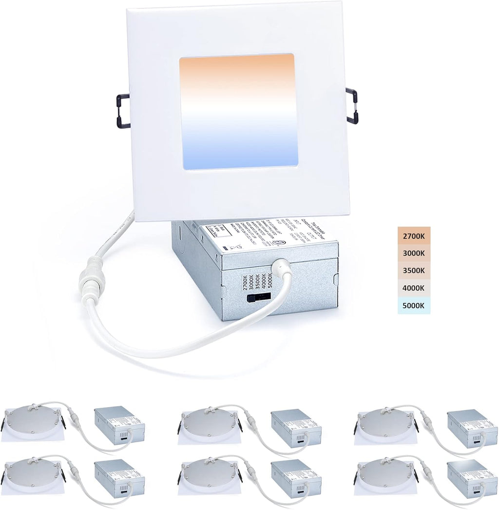 4-inch LED Canless Recessed Slim-Downlight, 5 CCT Adjustable Dimmable, 2700-5000K, 9W, Black Square Finish, 6 Pack P2255