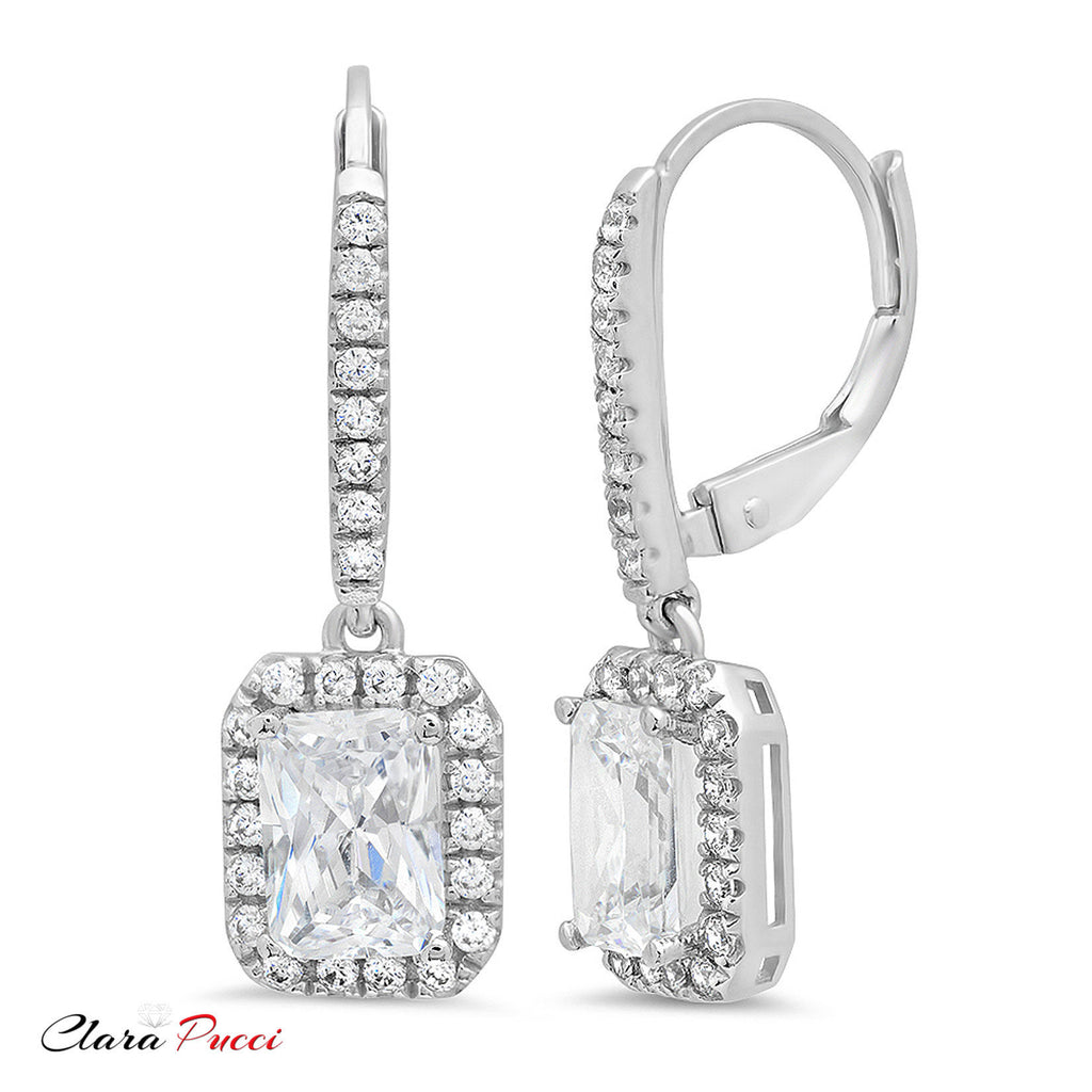 14K White Gold Emerald Cut Halo Drop Dangle Earrings V319