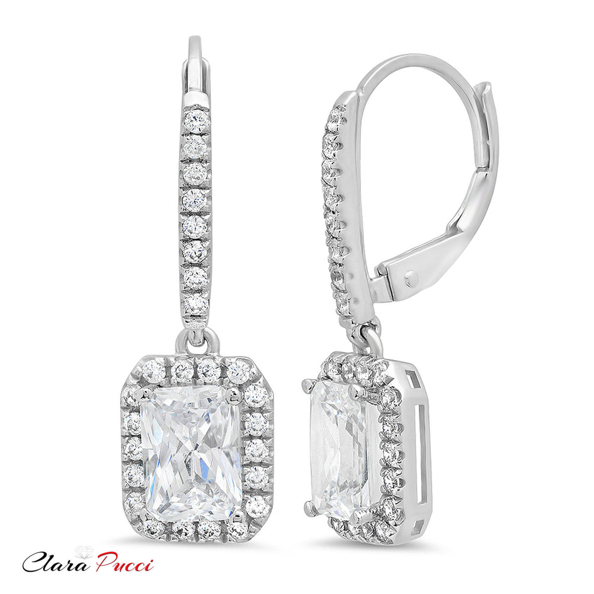 14K White Gold Emerald Cut Halo Drop Dangle Earrings V319