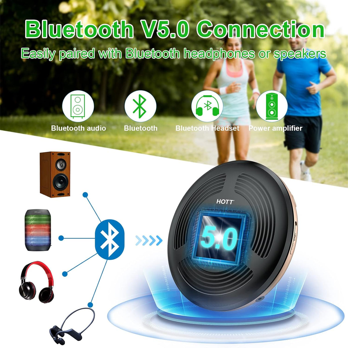 Portable CD Player with Bluetooth FM Transmitter AUX Output Rechargeable 1800mah Touch Button Anti-Skip Shockproof Protection V8889