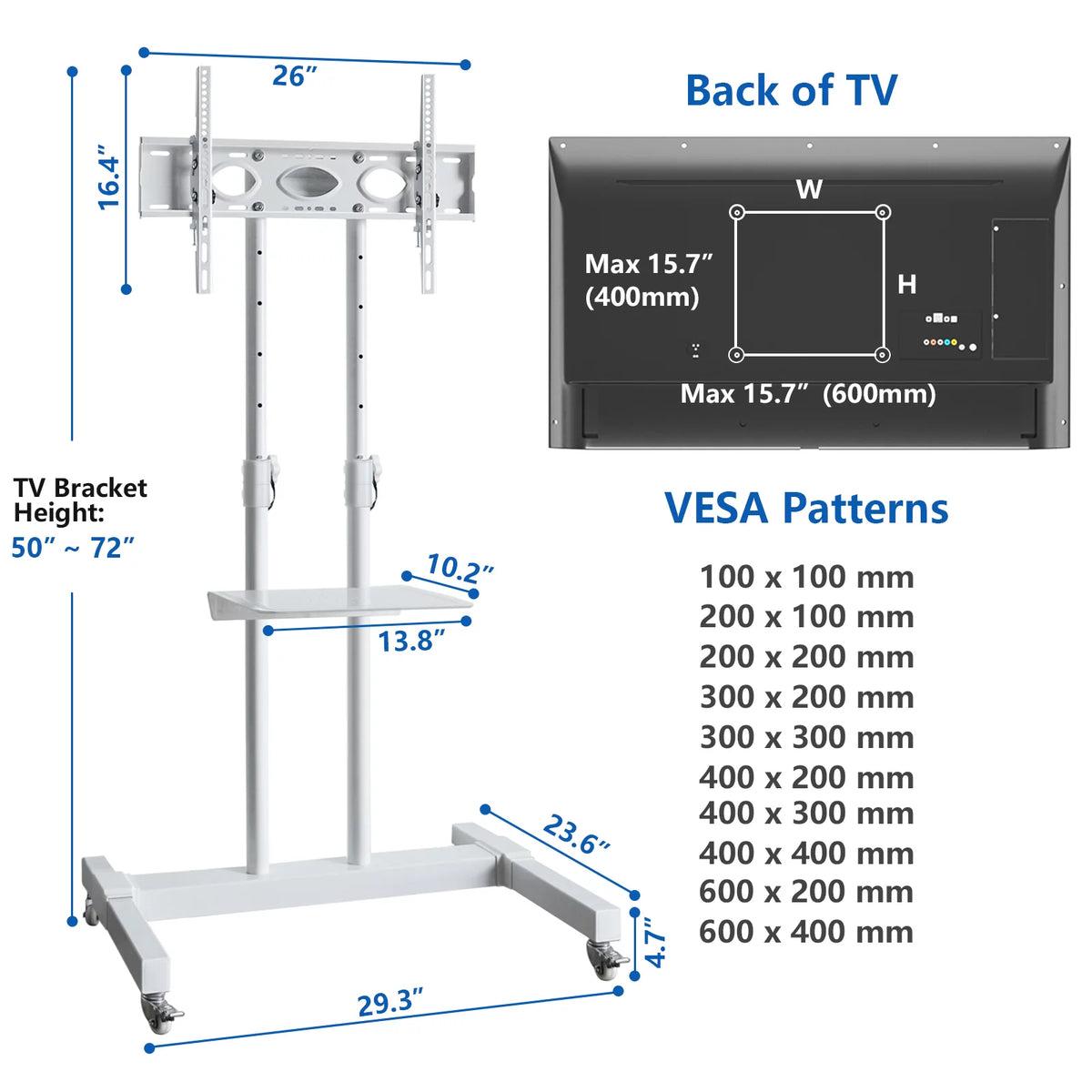 Tall TV Stand with Wheels for 32 to 85 Inch Flat Panel TVs, White Shelf E3305