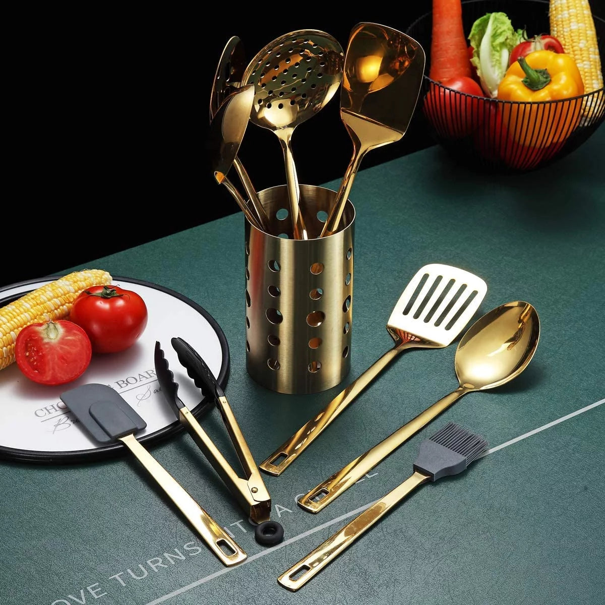 13 Pieces Gold Stainless Steel Cooking Utensils Set with Utensil Holder F500107