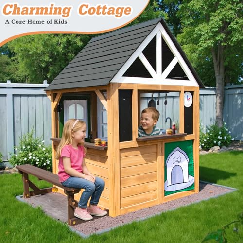 Cedar Gray Wooden Kids Playhouse with Play Kitchen B35598