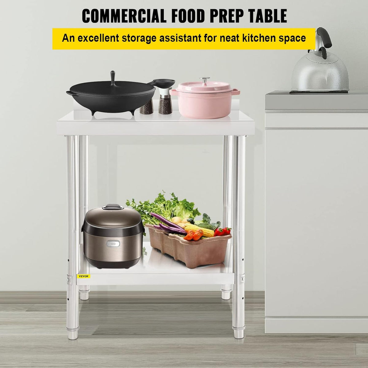 Stainless Steel Prep Table with Backsplash and Adjustable Undershelf C856