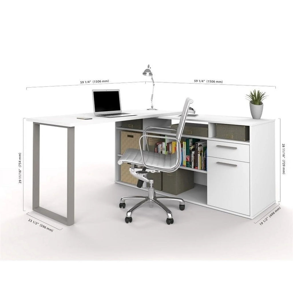 White Wood L-Shaped Computer Desk with Storage E4896
