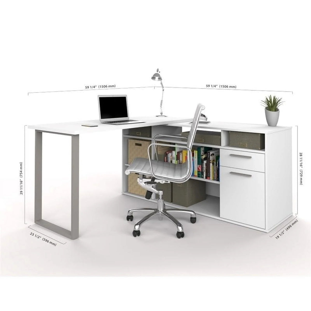 White Wood L-Shaped Computer Desk with Storage E4896