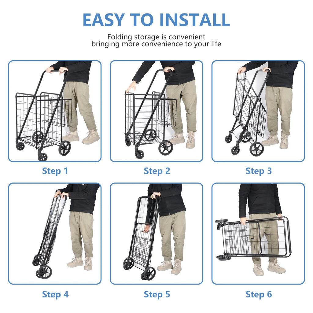Black Folding Utility Shopping Cart with Double Basket and Wheels W35771