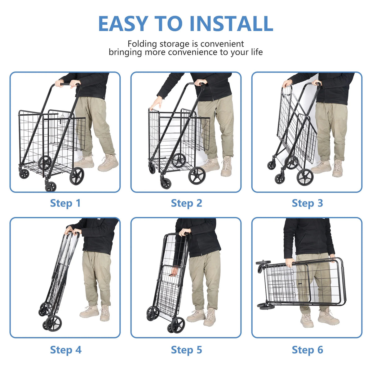Black Folding Utility Shopping Cart with Double Basket and Wheels W35771