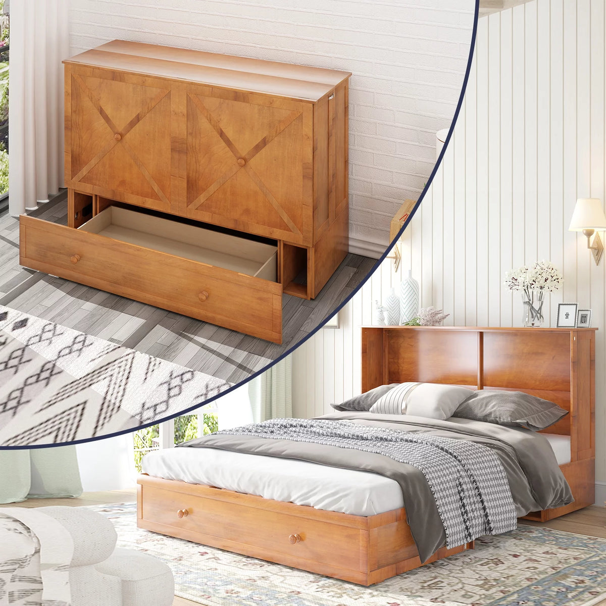 Queen Size Murphy Bed Cabinet with USB Charging Station, Drawer & Folding Mattress S156