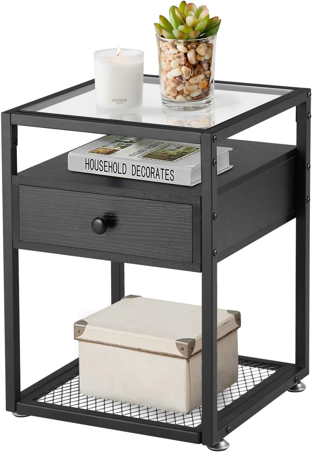 Brown+Black Tempered Glass Nightstand with Drawer and Shelf P432