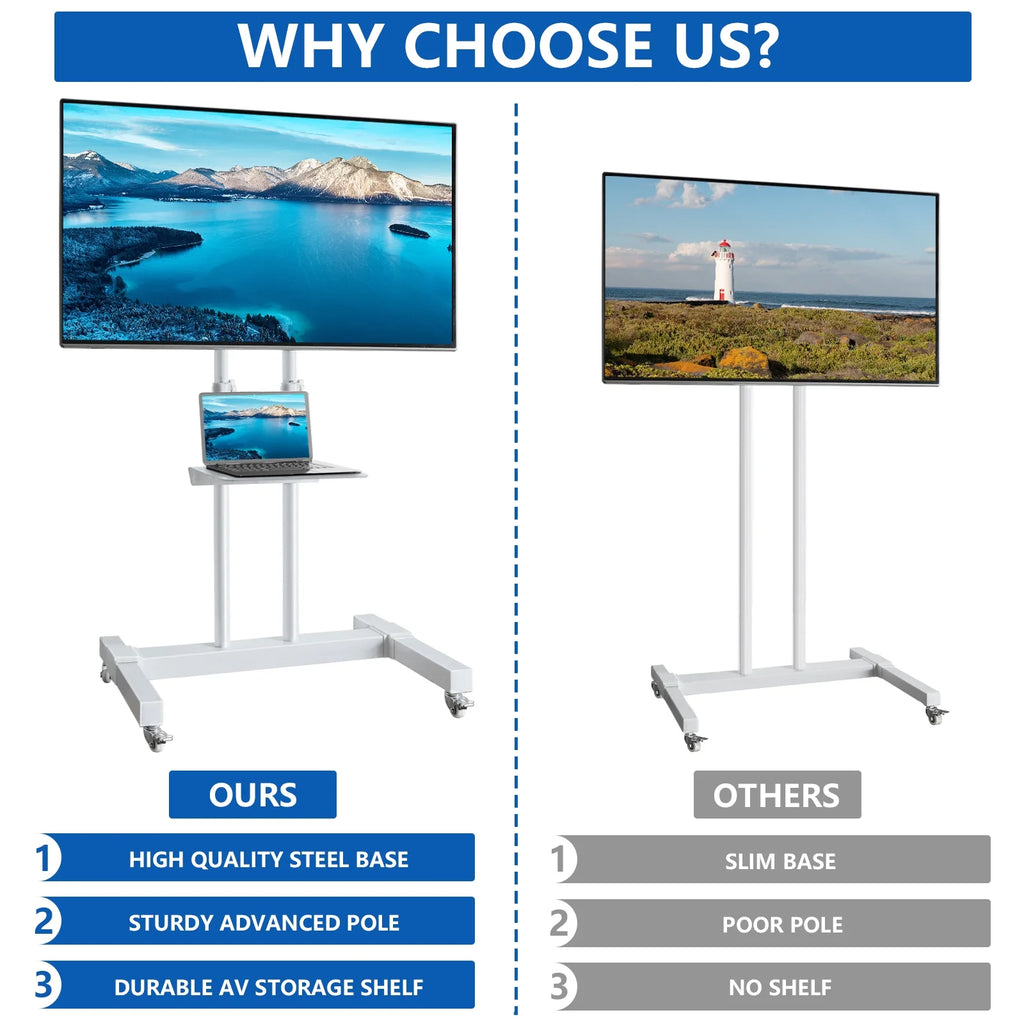 Tall TV Stand with Wheels for 32 to 85 Inch Flat Panel TVs, White Shelf E3305