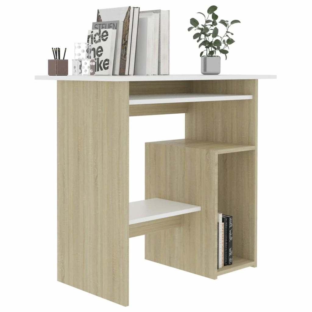 White Computer Desk with Keyboard Tray and Storage Shelves G735