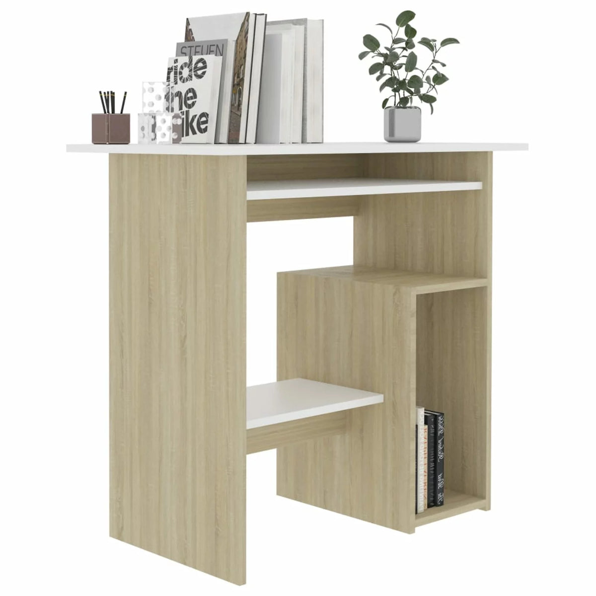 White Computer Desk with Keyboard Tray and Storage Shelves G735