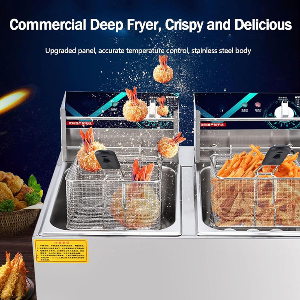 20L Electric Double-Cylinder Stainless Steel Deep Fat Fryer with 2 Fry Basket And Lid N475602