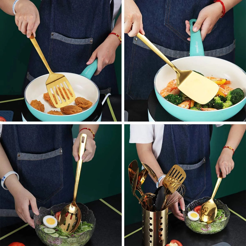 13 Pieces Gold Stainless Steel Cooking Utensils Set with Utensil Holder F500107