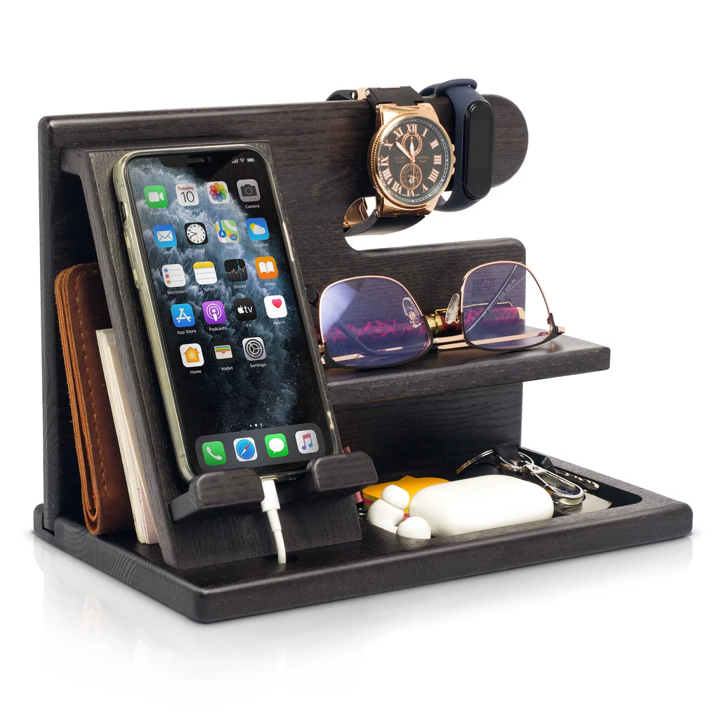 Wood Phone Docking Station Ash Key Holder Wallet Stand Watch Organizer (Black) E13915