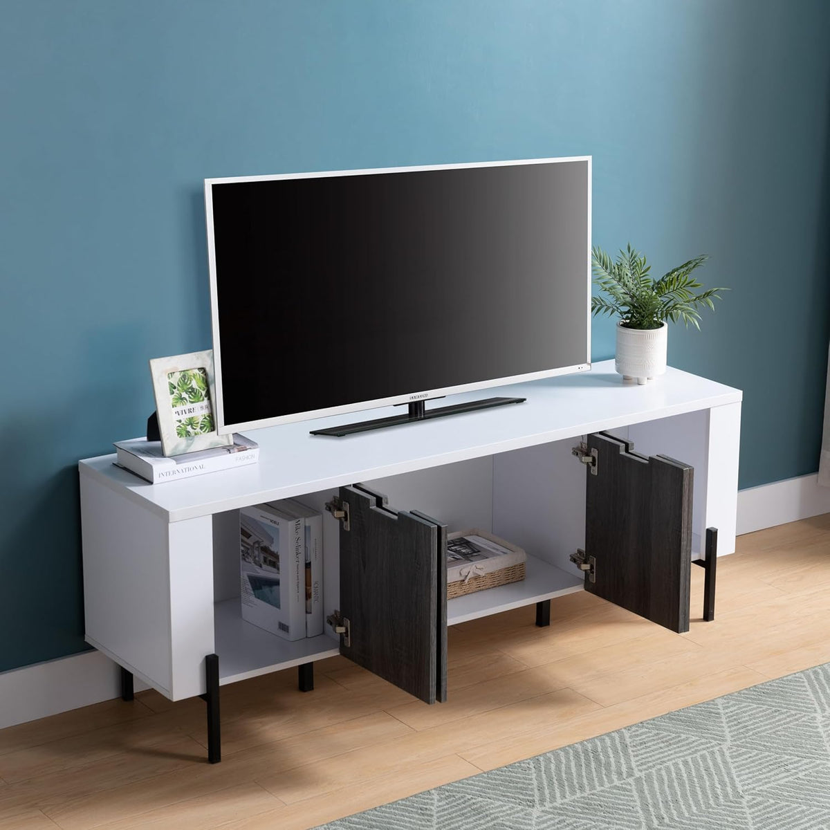 White & Distressed Grey TV Stand with Four Cabinet Doors X47883