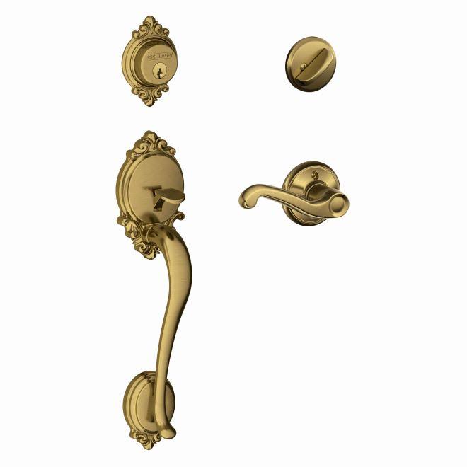 Antique Brass Handleset with Single Cylinder Deadbolt and Door Lever Z3263