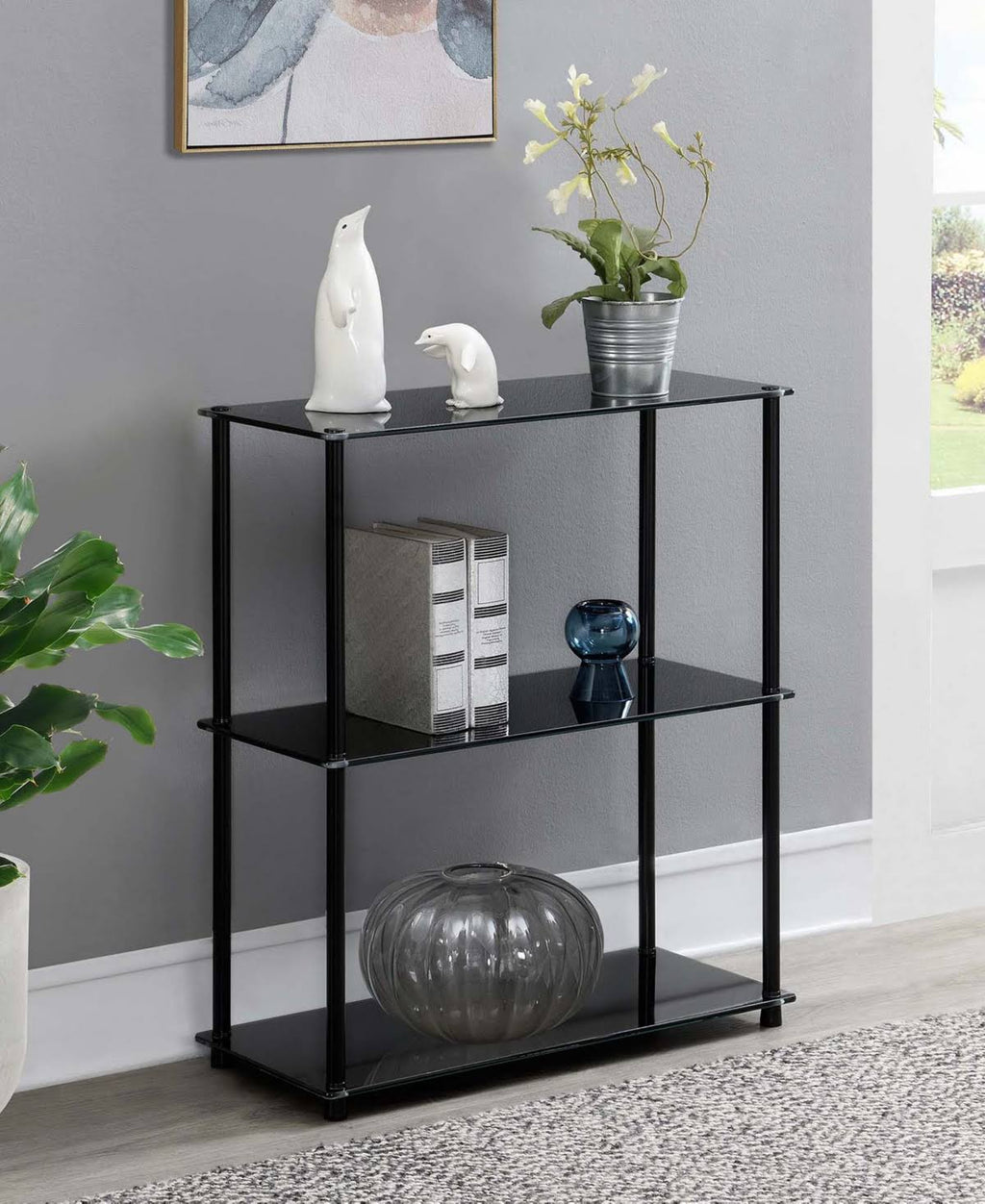 Black 3-Shelf Glass Bookcase Q3802