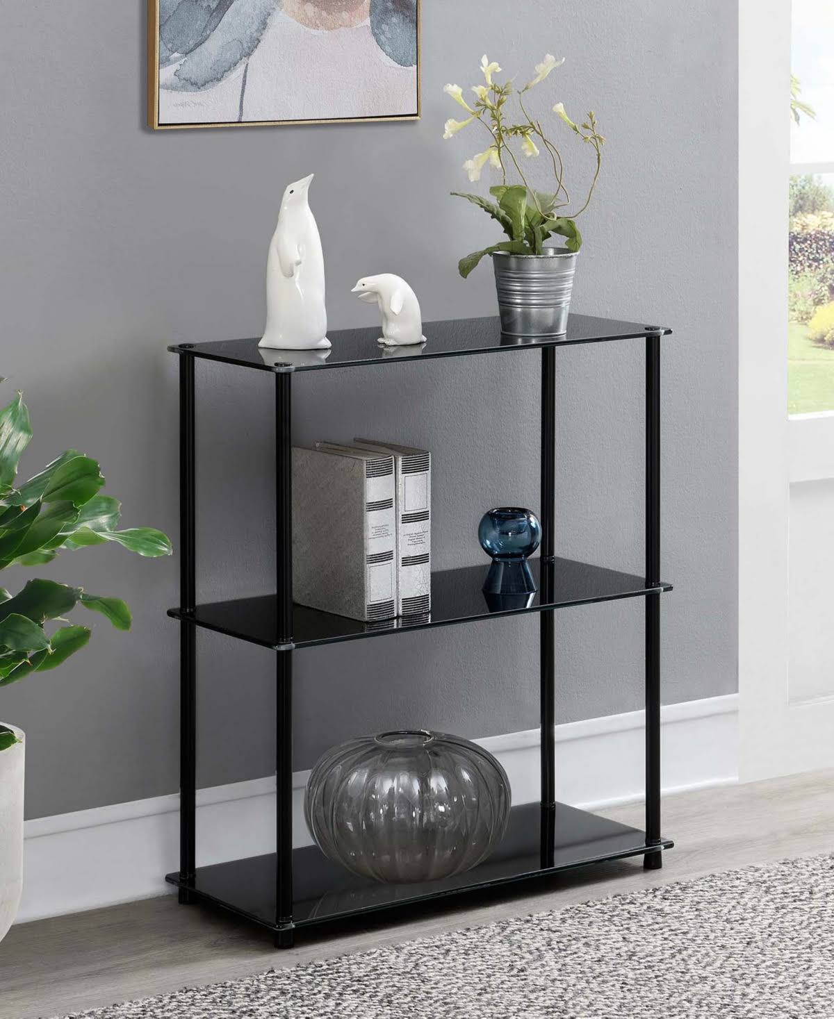 Black 3-Shelf Glass Bookcase Q3802
