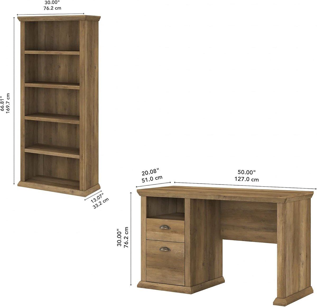50W Reclaimed Pine Home Office Desk with 5 Shelf Bookcase C393926
