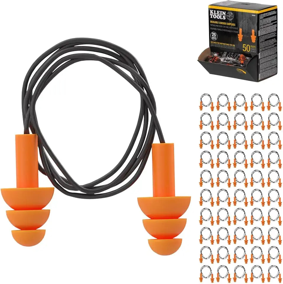 Orange 25dB NRR Reusable Corded Earplugs 50-Pack I24659