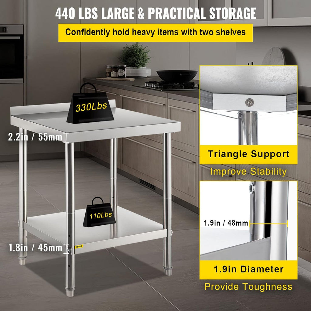 Stainless Steel Prep Table with Backsplash and Adjustable Undershelf C856
