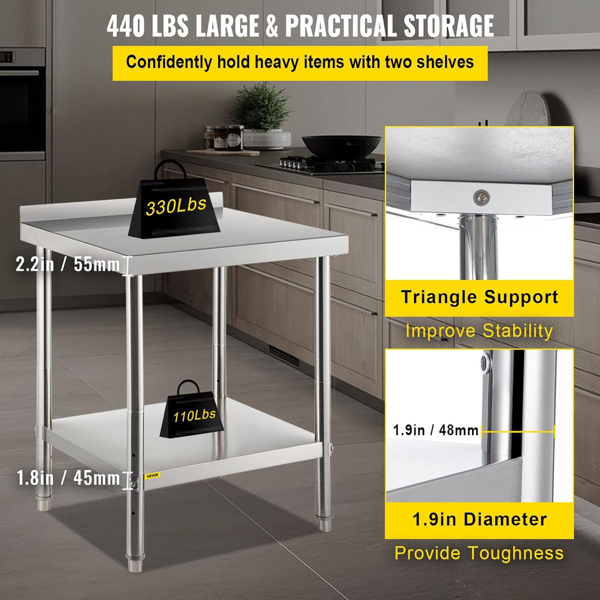 Stainless Steel Prep Table with Backsplash and Adjustable Undershelf C856