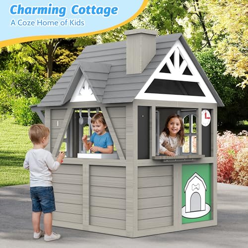 Cedar Gray Wooden Kids Playhouse with Play Kitchen B35598