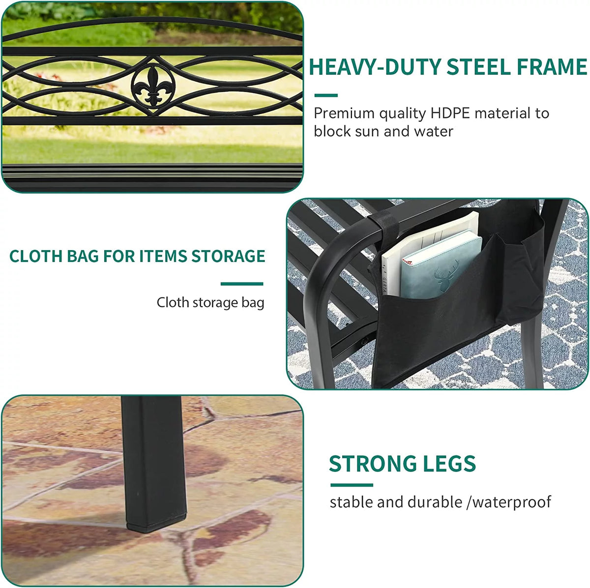50" Black Metal Patio Bench with Backrest and Armrest S51658