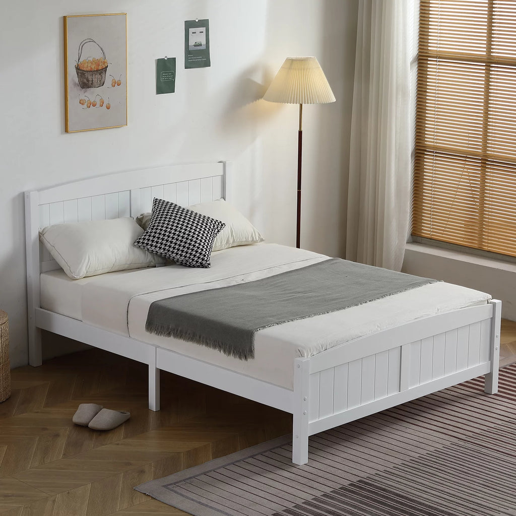 White Full Size Wood Platform Bed with Headboard and Footboard H70755