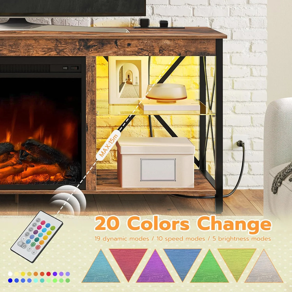 Rustic Brown Fireplace TV Stand with Led Lights and Power Outlets I13978