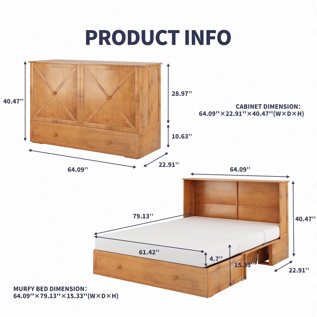 Queen Size Murphy Bed Cabinet with USB Charging Station, Drawer & Folding Mattress S156