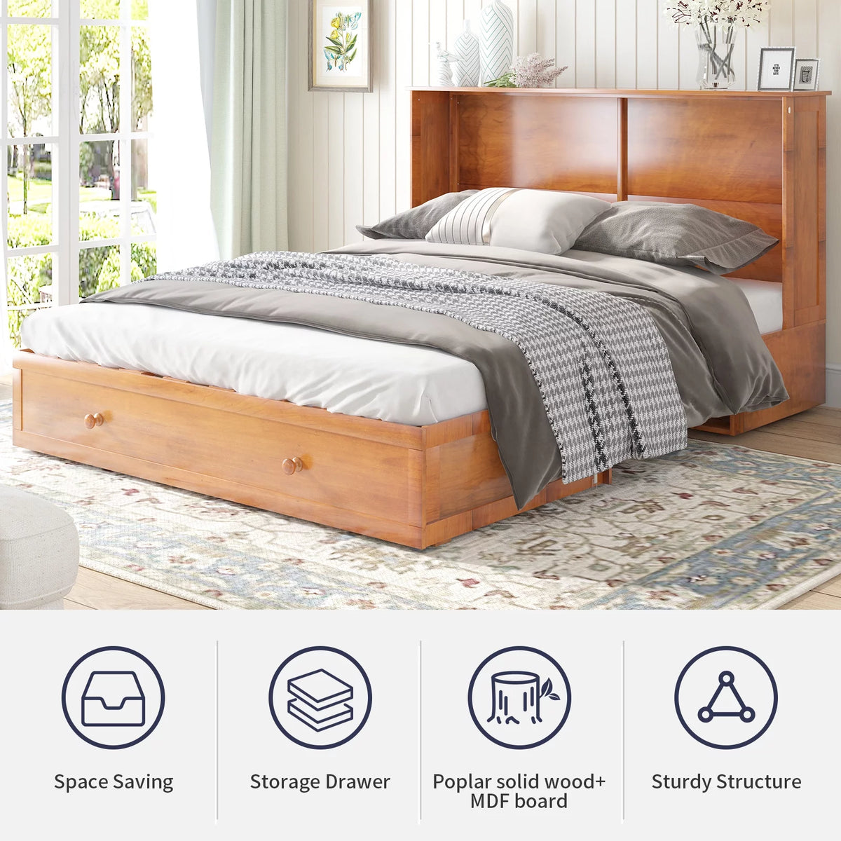 Queen Size Murphy Bed Cabinet with USB Charging Station, Drawer & Folding Mattress S156