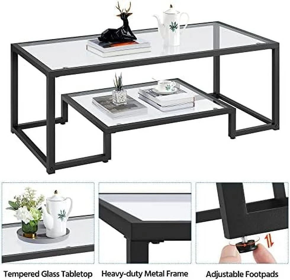 Rectangular Tempered Glass Coffee Table with 2 Tier Metal Frame O300