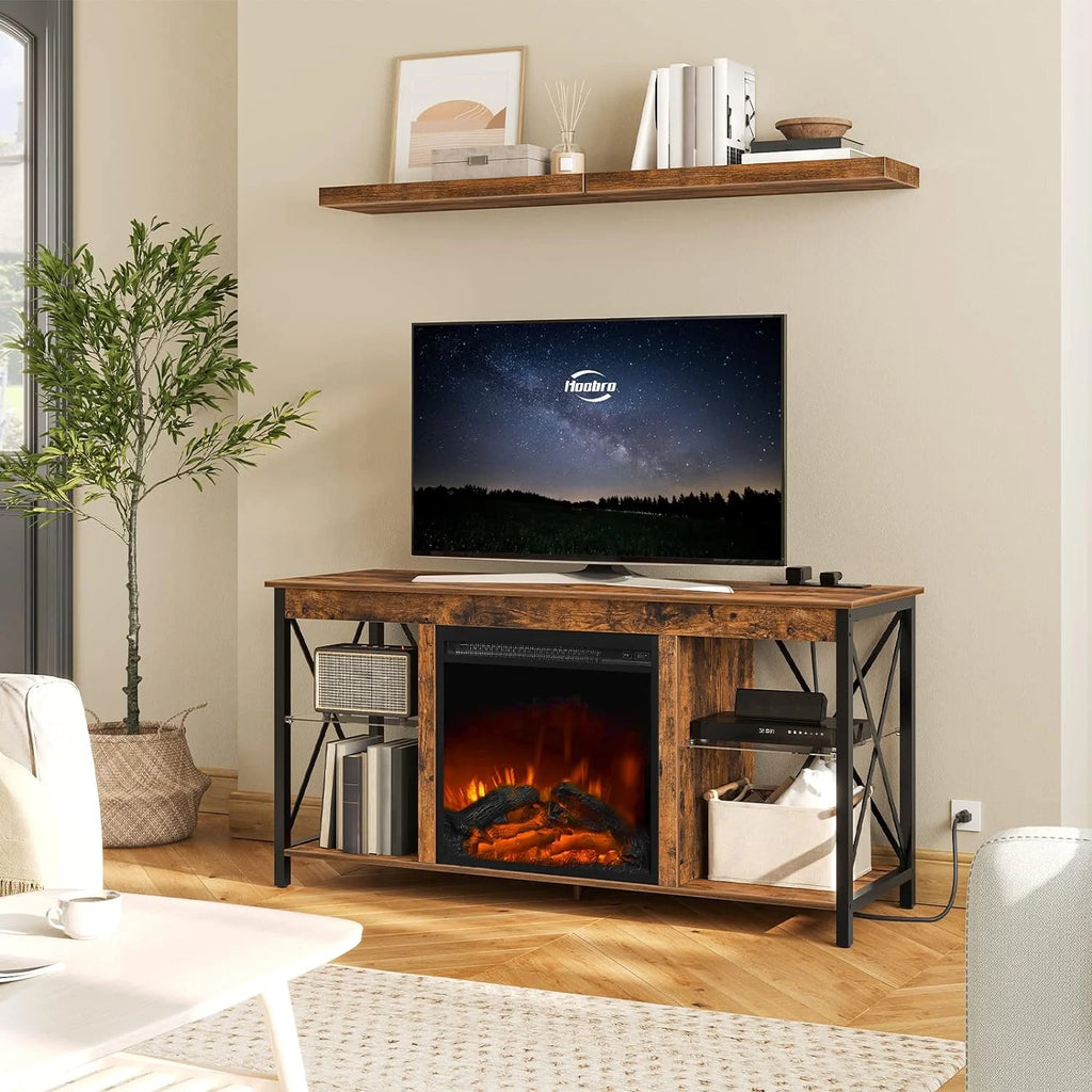 Rustic Brown Fireplace TV Stand with Led Lights and Power Outlets I13978