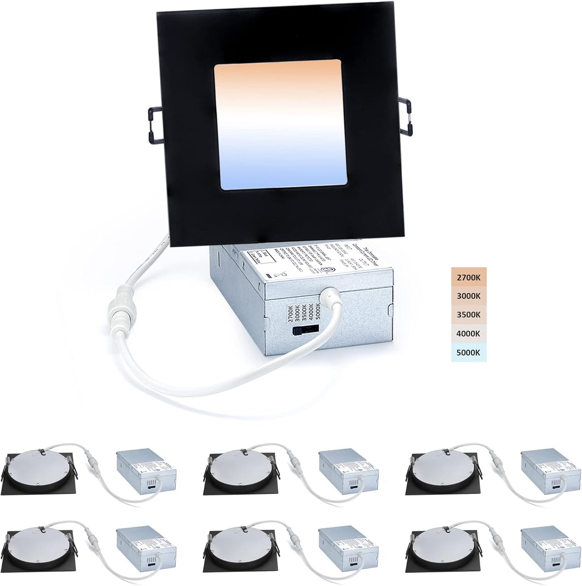 4-inch LED Canless Recessed Slim-Downlight, 5 CCT Adjustable Dimmable, 2700-5000K, 9W, Black Square Finish, 6 Pack P2255