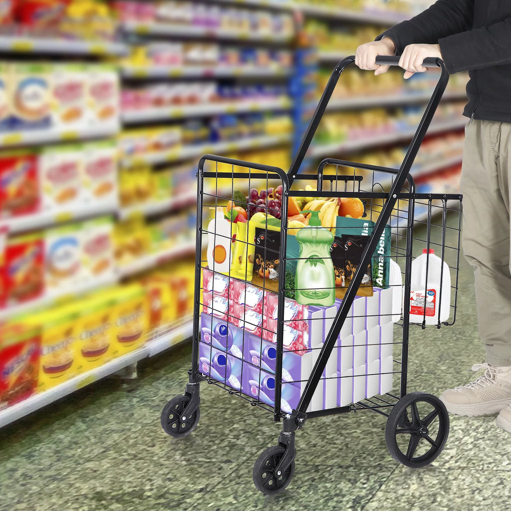 Black Folding Utility Shopping Cart with Double Basket and Wheels W35771