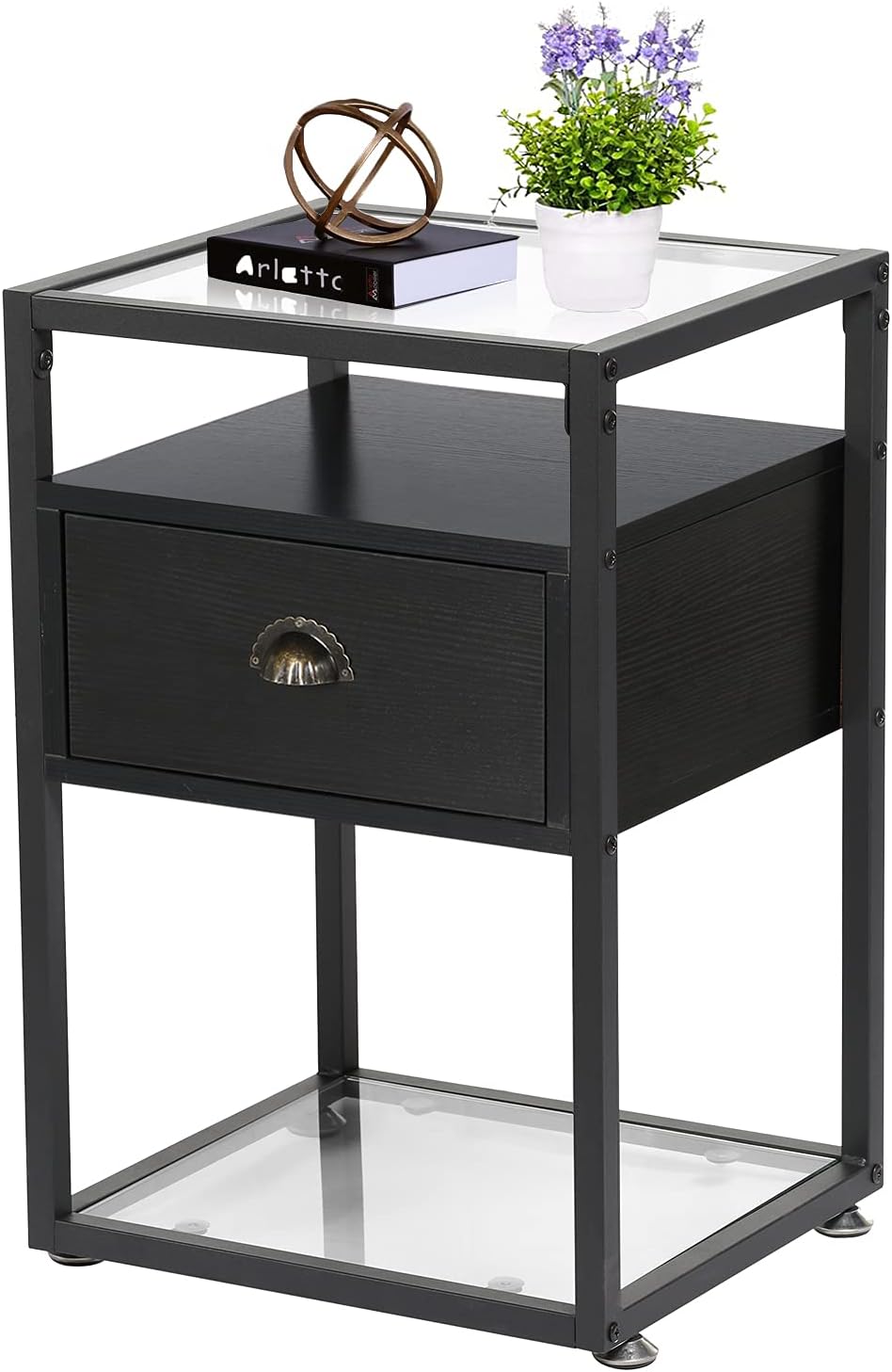 Brown+Black Tempered Glass Nightstand with Drawer and Shelf P432