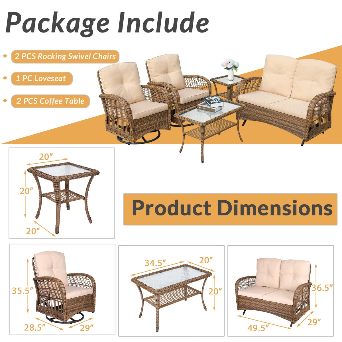 5 Pieces All Weather Wicker Patio Conversation Sofa Set with Glass Coffee Table X68193