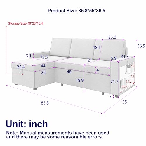 86 Inch Reversible Sleeper Sectional Sofa with Pull Out Couch Bed M4221